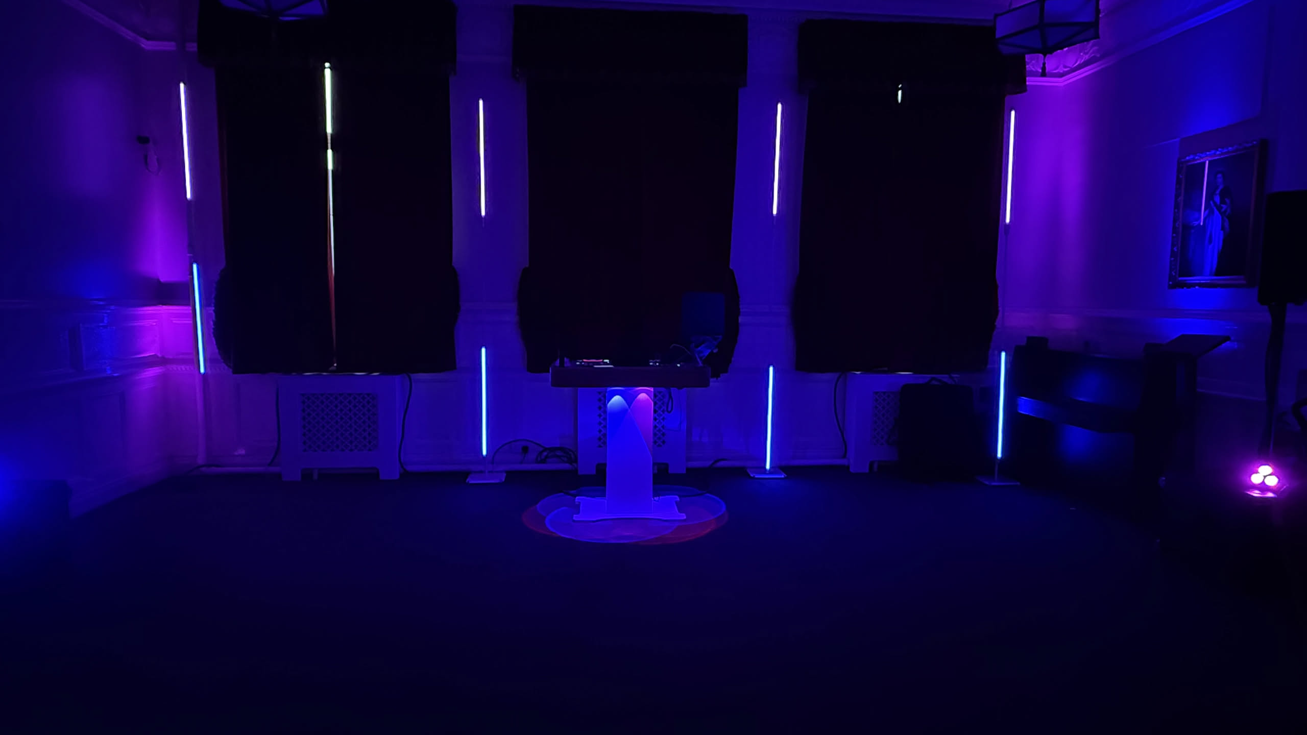 Sutton Masonic Centre · Our podium booth and purple room lighting, ready for a birthday celebration