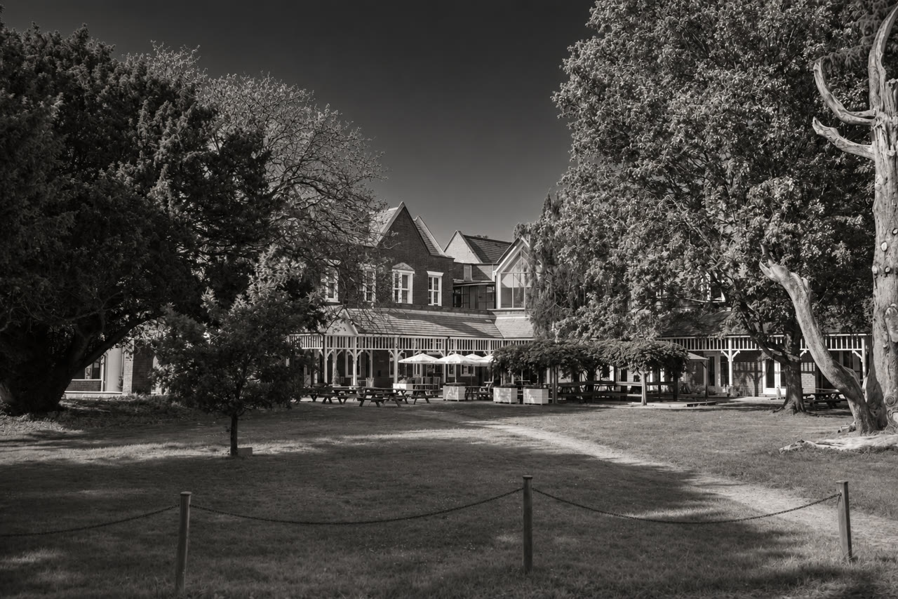 Soft monochrome venue view of Coulsdon Manor Hotel and Golf Club