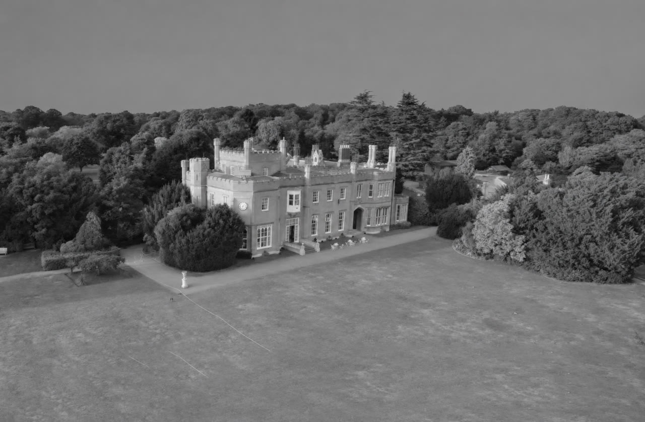 Soft monochrome venue view of Nonsuch Mansion