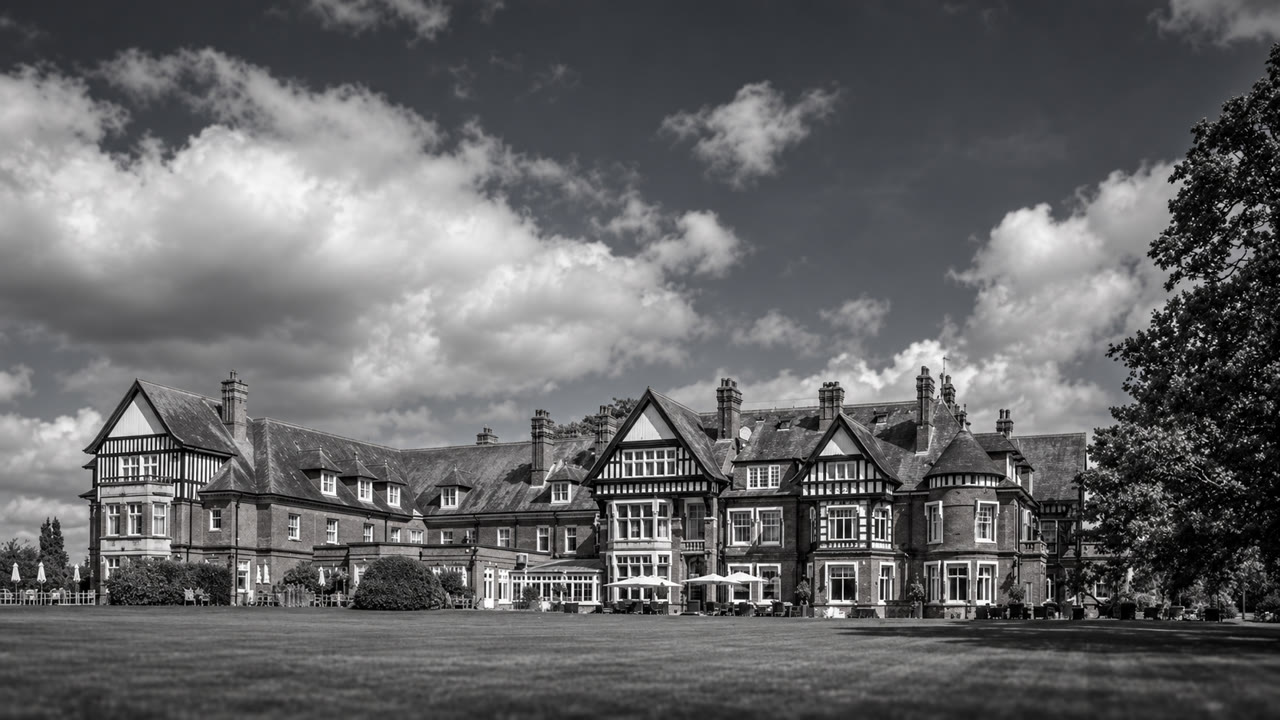 Soft monochrome venue view of Woodlands Park Hotel