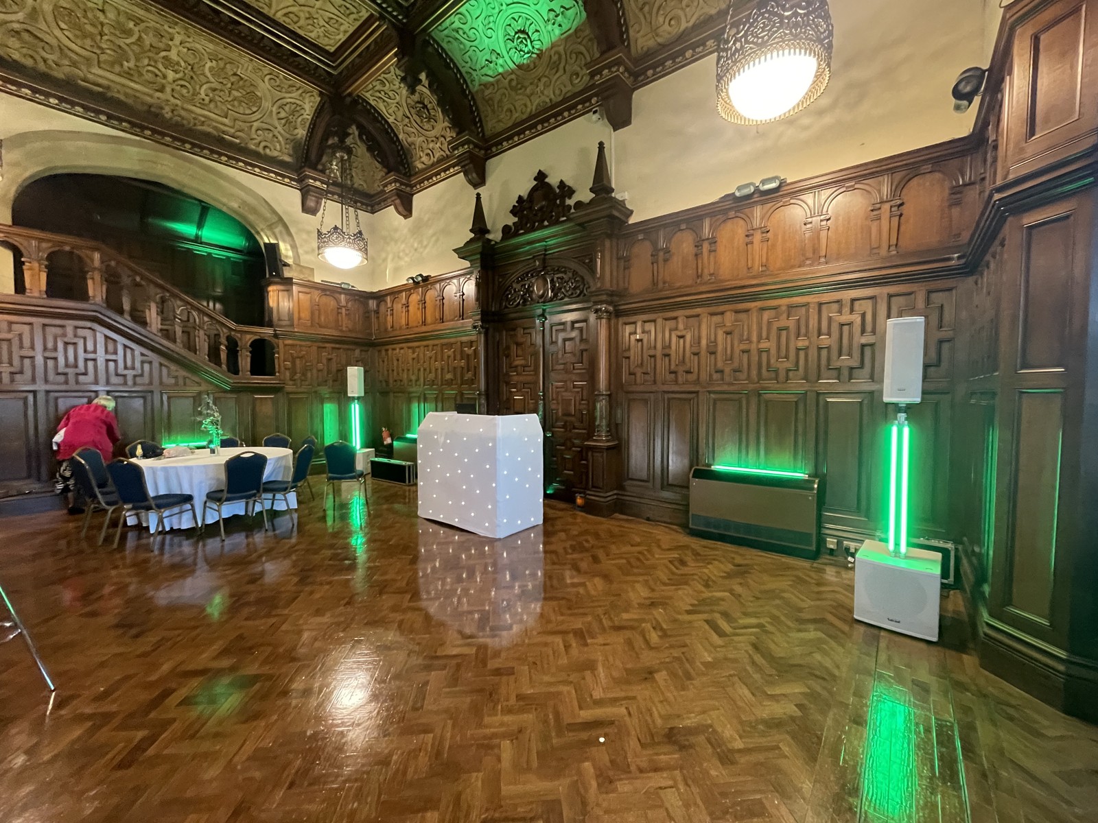Our white wedding booth and green uplighting in the characterful setting at Worth.